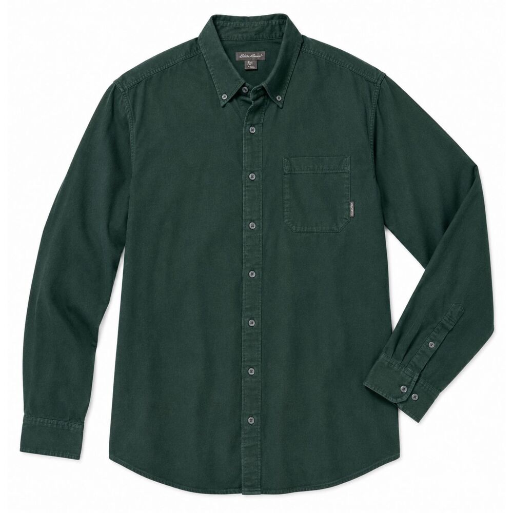 Eddie Bauer Mens XLT Tall Green Button Down Shirt Herringbone Cotton Classic Fit